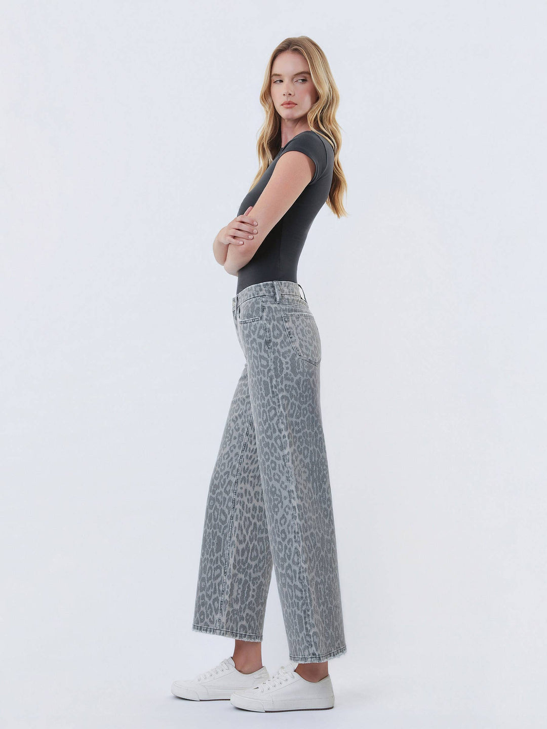 Denim - HIGH RISE GREY LEOPARD PRINT CROP WIDE LEG JEANS T7331GLP - - Cultured Cloths Apparel