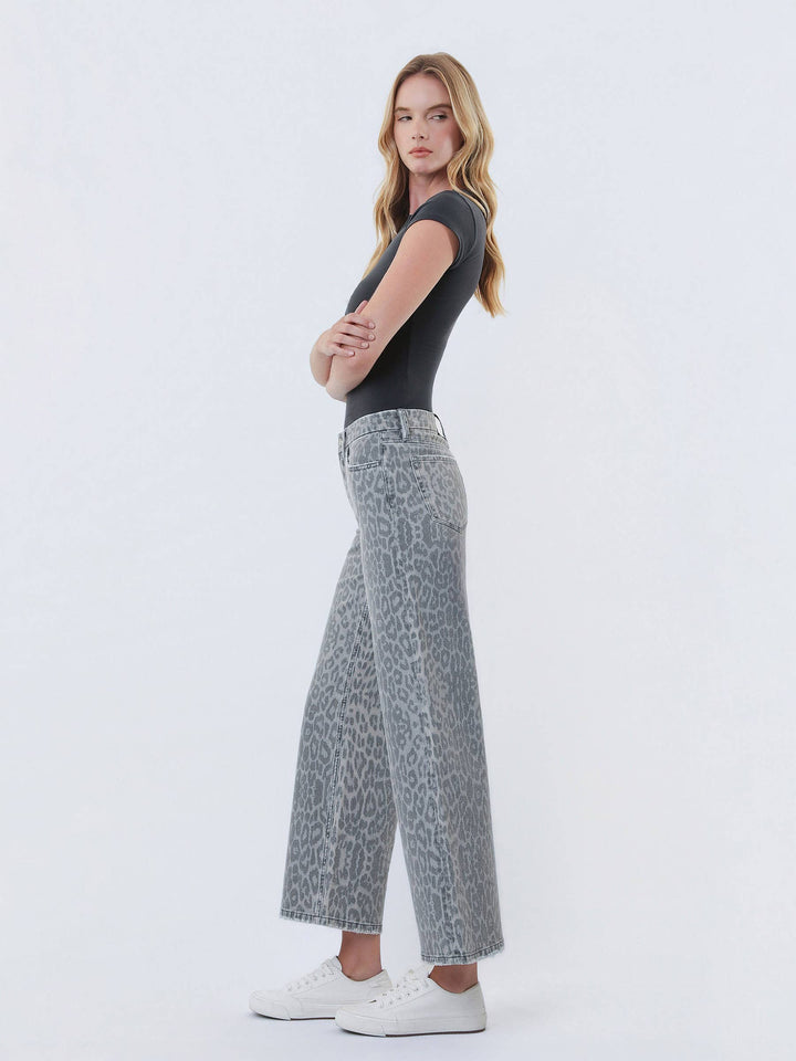 Denim - HIGH RISE GREY LEOPARD PRINT CROP WIDE LEG JEANS T7331GLP - - Cultured Cloths Apparel