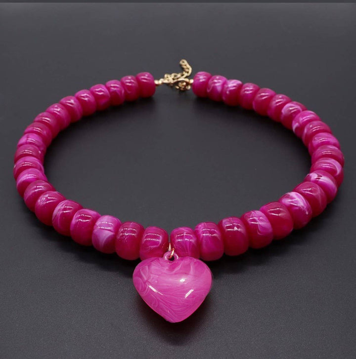 Accessories, Necklaces - Heart Pendant Resin Beaded Necklaces | 40NK9701 - FUCHSIA - Cultured Cloths Apparel
