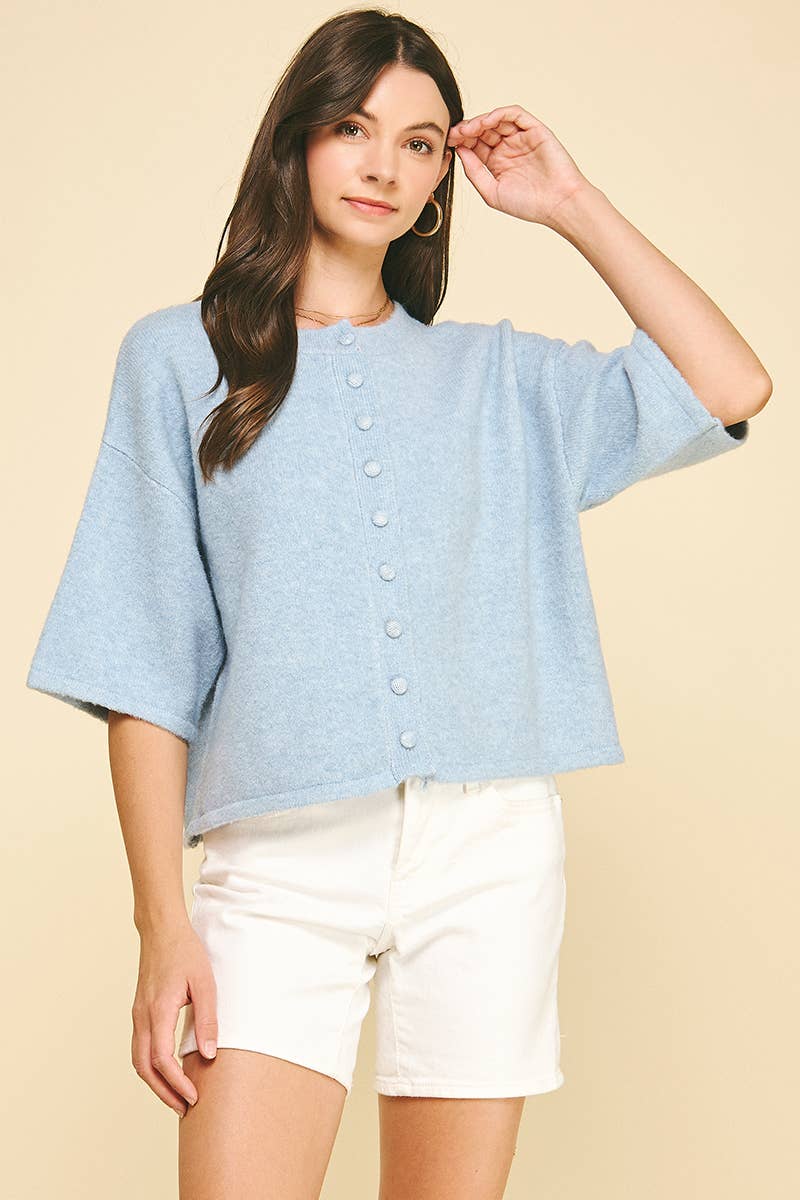 BLUE BUTTON DOWN SHORT SLEEVE SWEATER