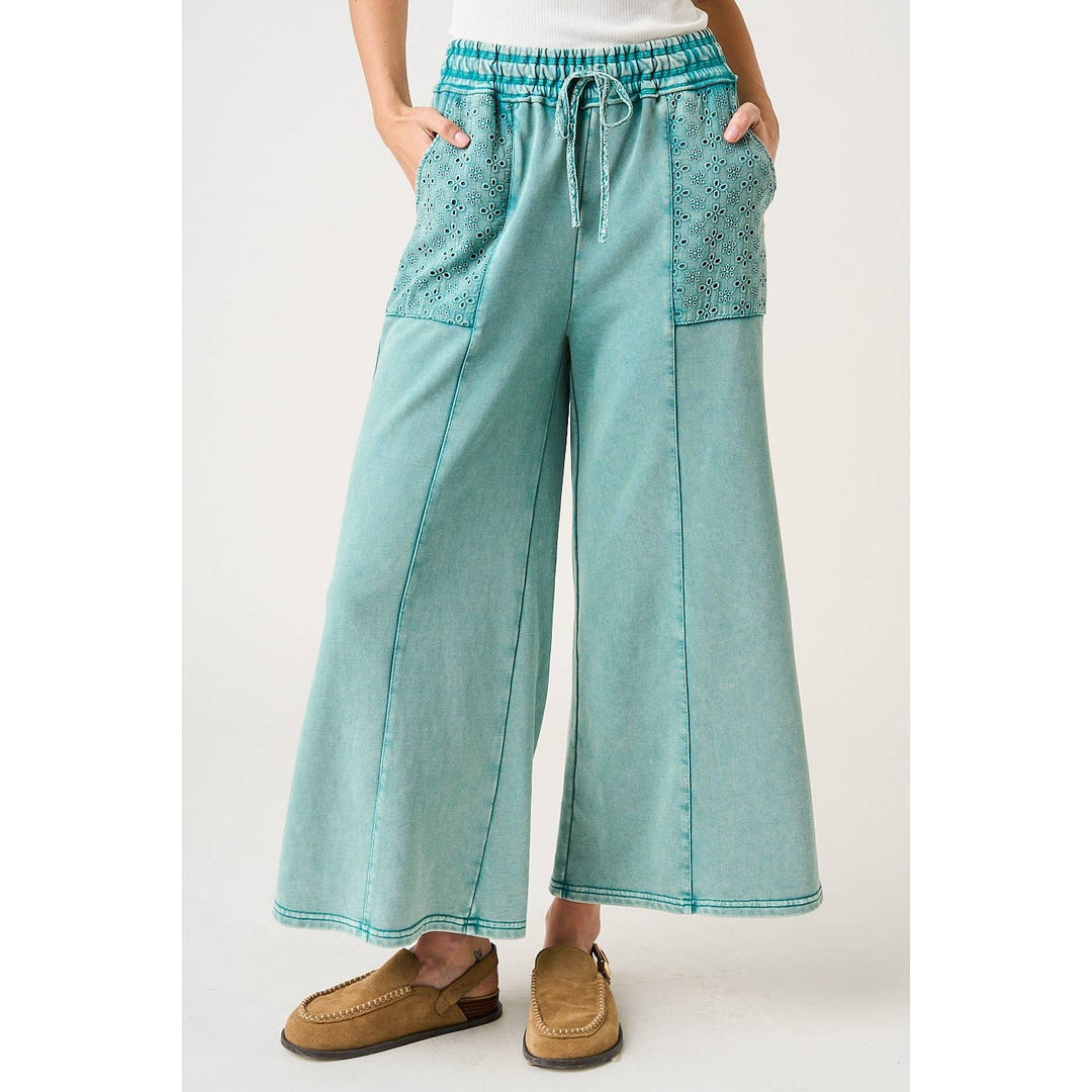 Pants - EYELET LACE POCKET MINERAL WASH WIDE LEG PANTS - PEACOCK - Cultured Cloths Apparel