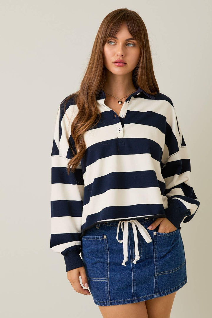 Women's Long Sleeve - RUGBY POLO TOP IN STRIPE WITH FRONT BUTTONS - - Cultured Cloths Apparel
