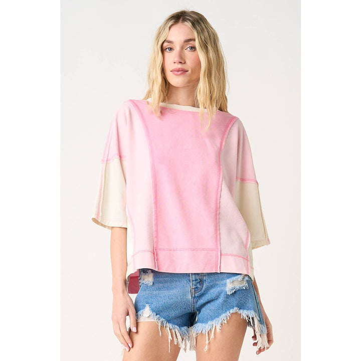 Women's Short Sleeve - MINERAL WASH COLOR BLOCK RELAXED FIT SHORT SLEEVE TOP - - Cultured Cloths Apparel