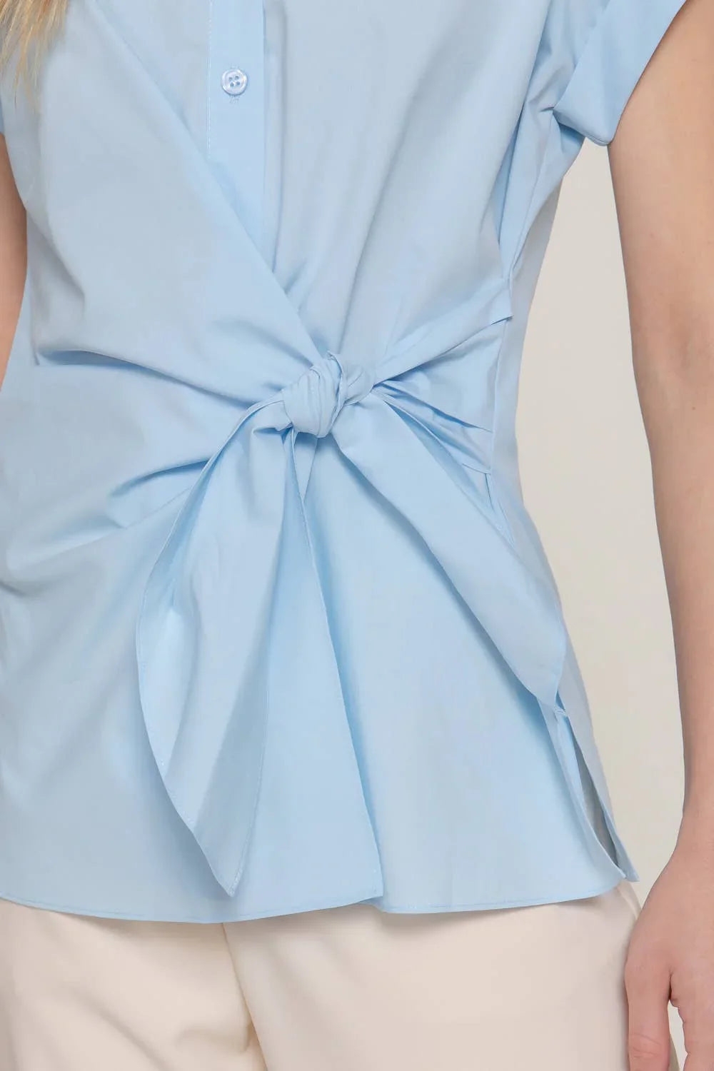 Women's Short Sleeve - Short Dolman Sleeve Button Down Side Knot Poplin Shirt - - Cultured Cloths Apparel