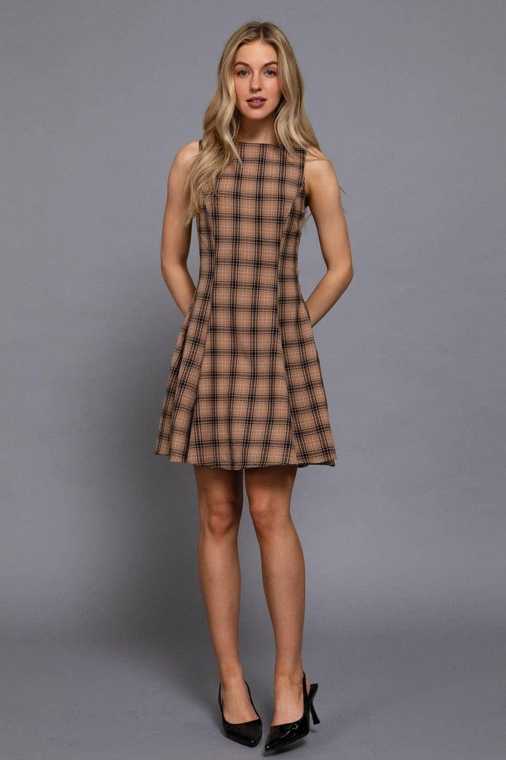 Women's Dresses - Sleeveless Boat Neck Swing Plaid Woven Mini Dress - - Cultured Cloths Apparel