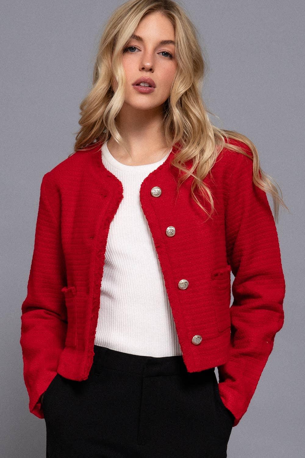 Outerwear - Long Sleeve Crew Neck Button Down Tweed Jacket - - Cultured Cloths Apparel