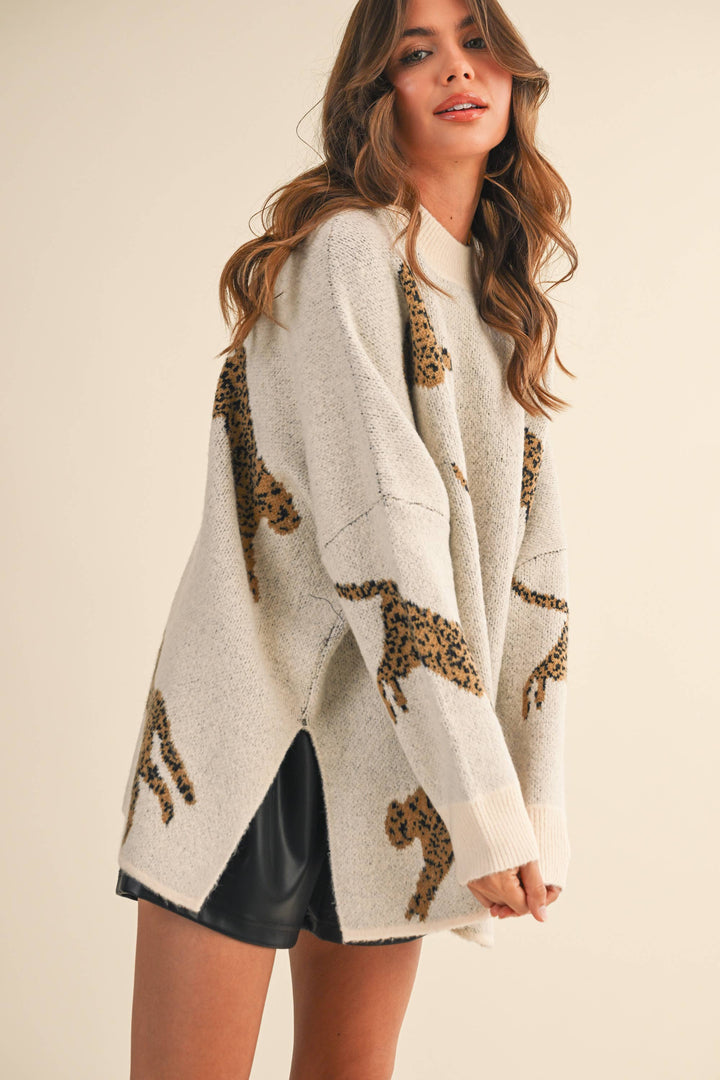 CHEETAH PRINT OVERSIZED MOCK NECK SWEATER TOP