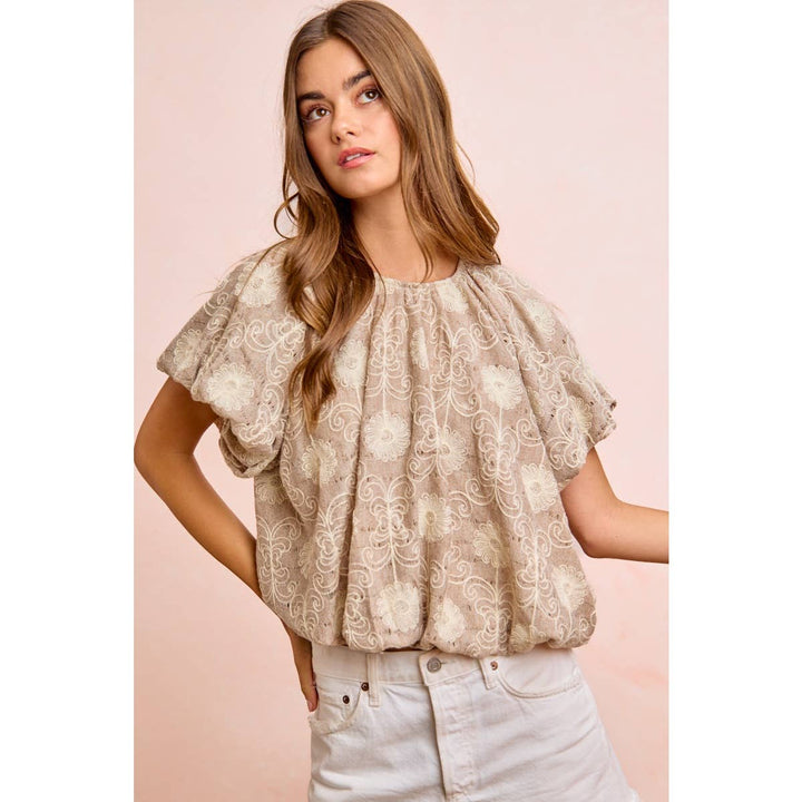 Women's Short Sleeve - FLOWER EMBROIDERED SHIRRED NECKLINE BUBBLE HEM TOP - - Cultured Cloths Apparel