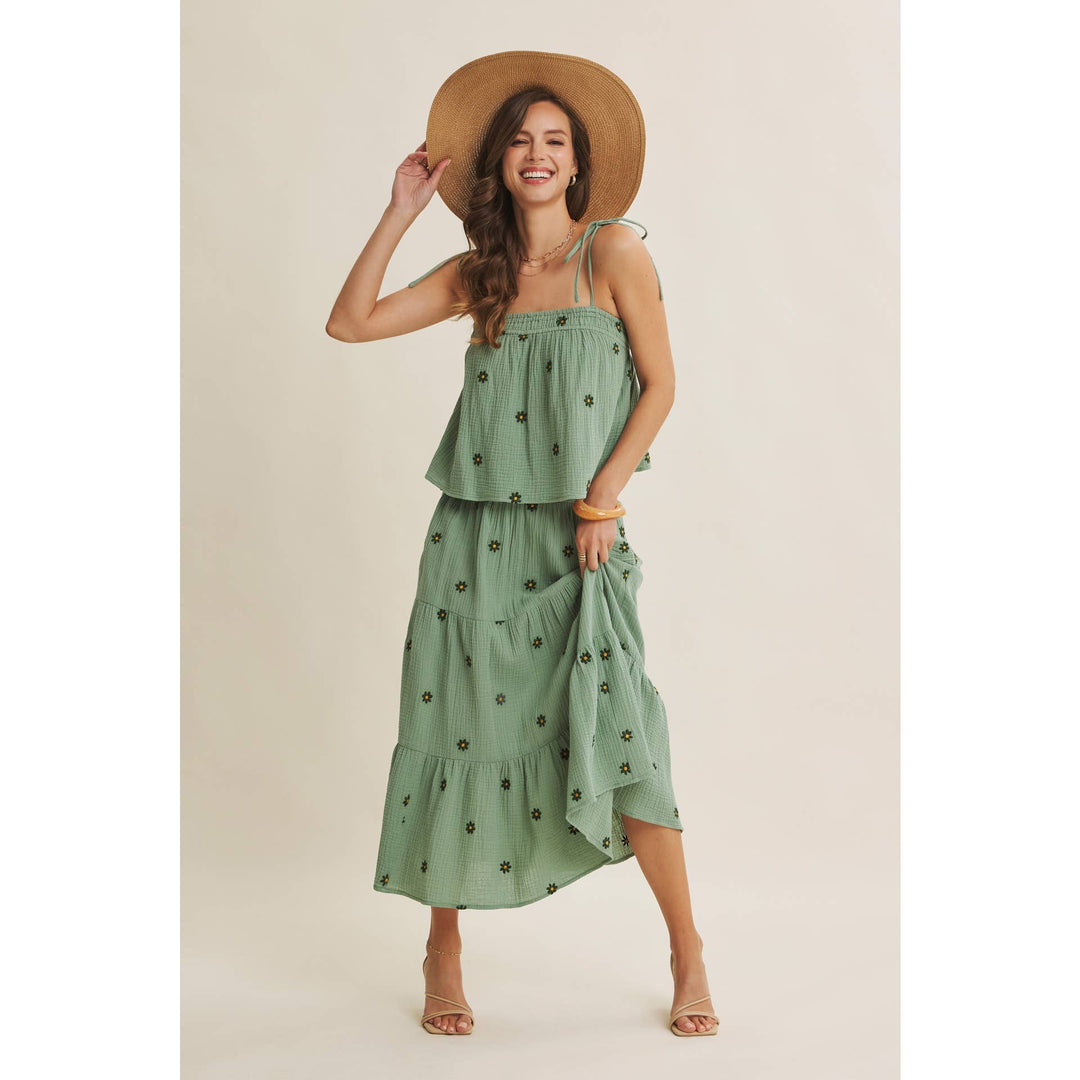 Women's Skirts - SUNSET FIELD EMBROIDERED COTTON GAUZE SMOCKED MIDI SKIRTS - - Cultured Cloths Apparel