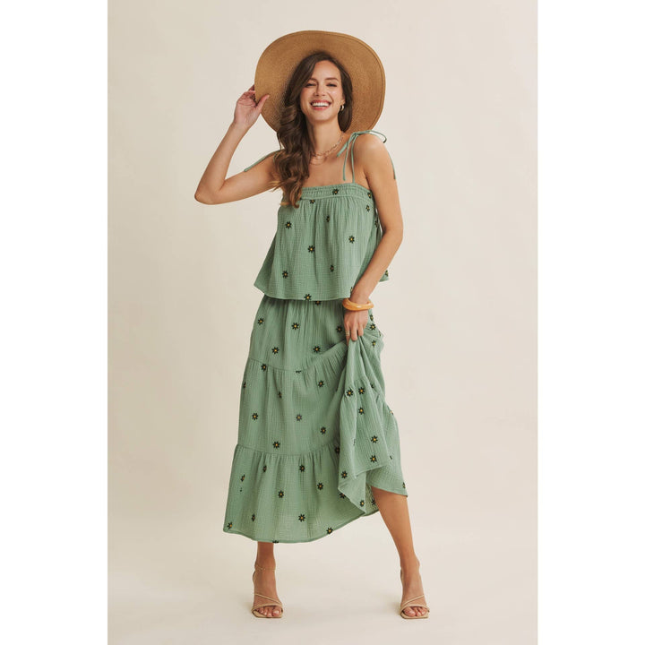 Women's Skirts - SUNSET FIELD EMBROIDERED COTTON GAUZE SMOCKED MIDI SKIRTS - - Cultured Cloths Apparel