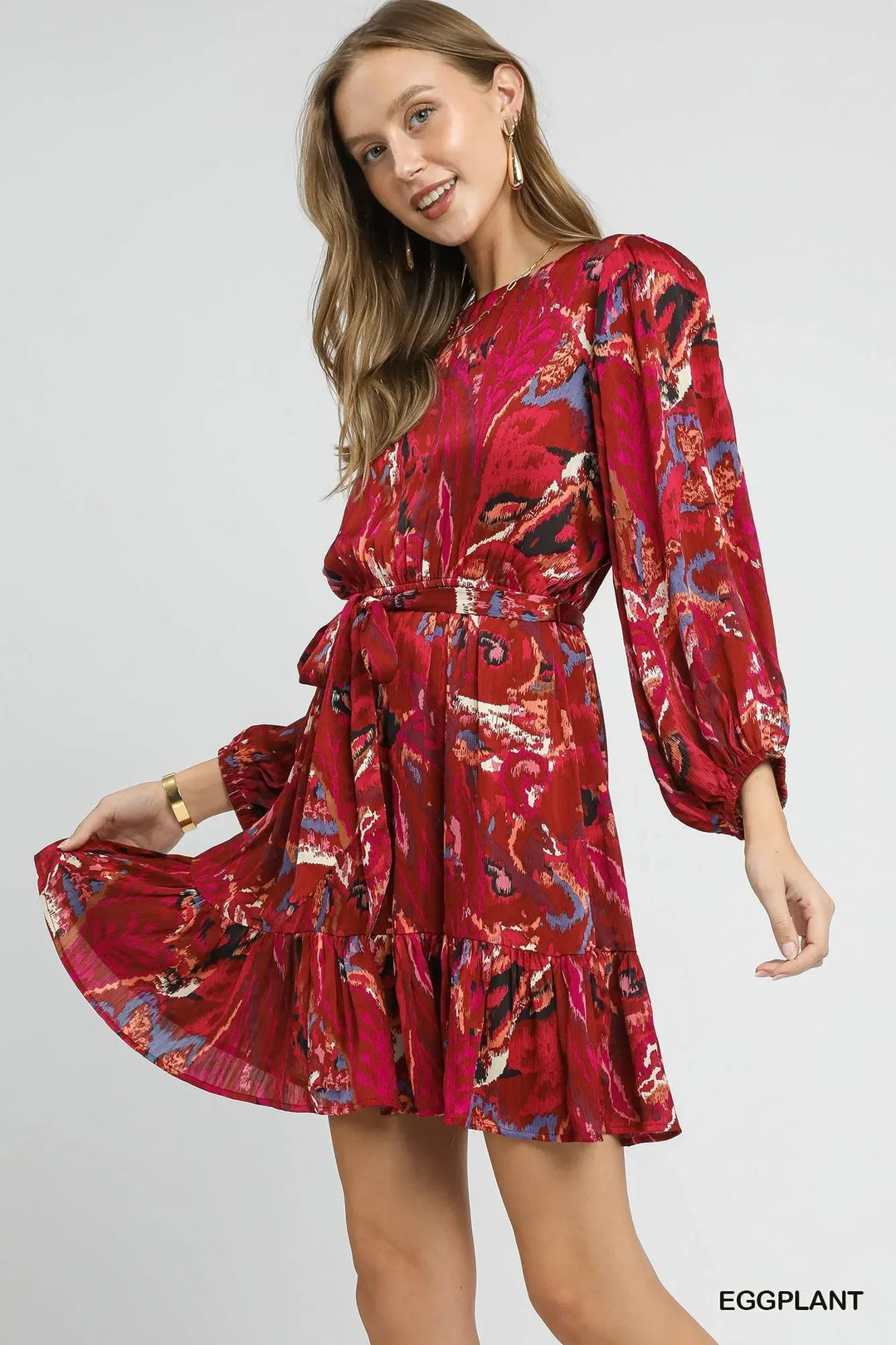 Women's Dresses - Umgee Ruffled Hem Printed Balloon Sleeve Dress - - Cultured Cloths Apparel