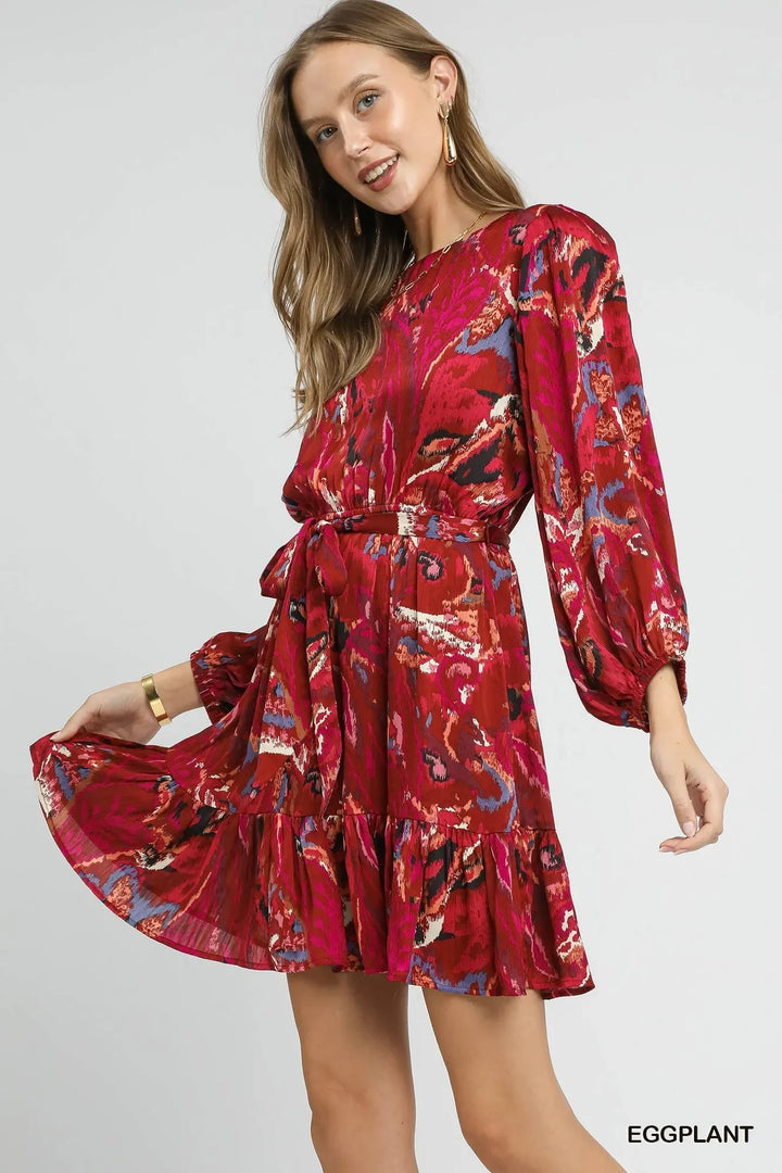 Women's Dresses - Umgee Ruffled Hem Printed Balloon Sleeve Dress - - Cultured Cloths Apparel