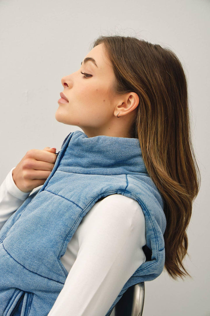 DENIM FEEL VINTAGE WASHING ZIP UP PUFFER VEST