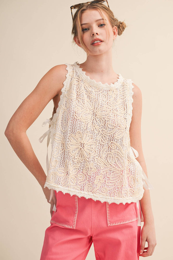 - FLORAL CROCHET TANK WITH SIDE TYING DETAIL MTP4770 - - Cultured Cloths Apparel