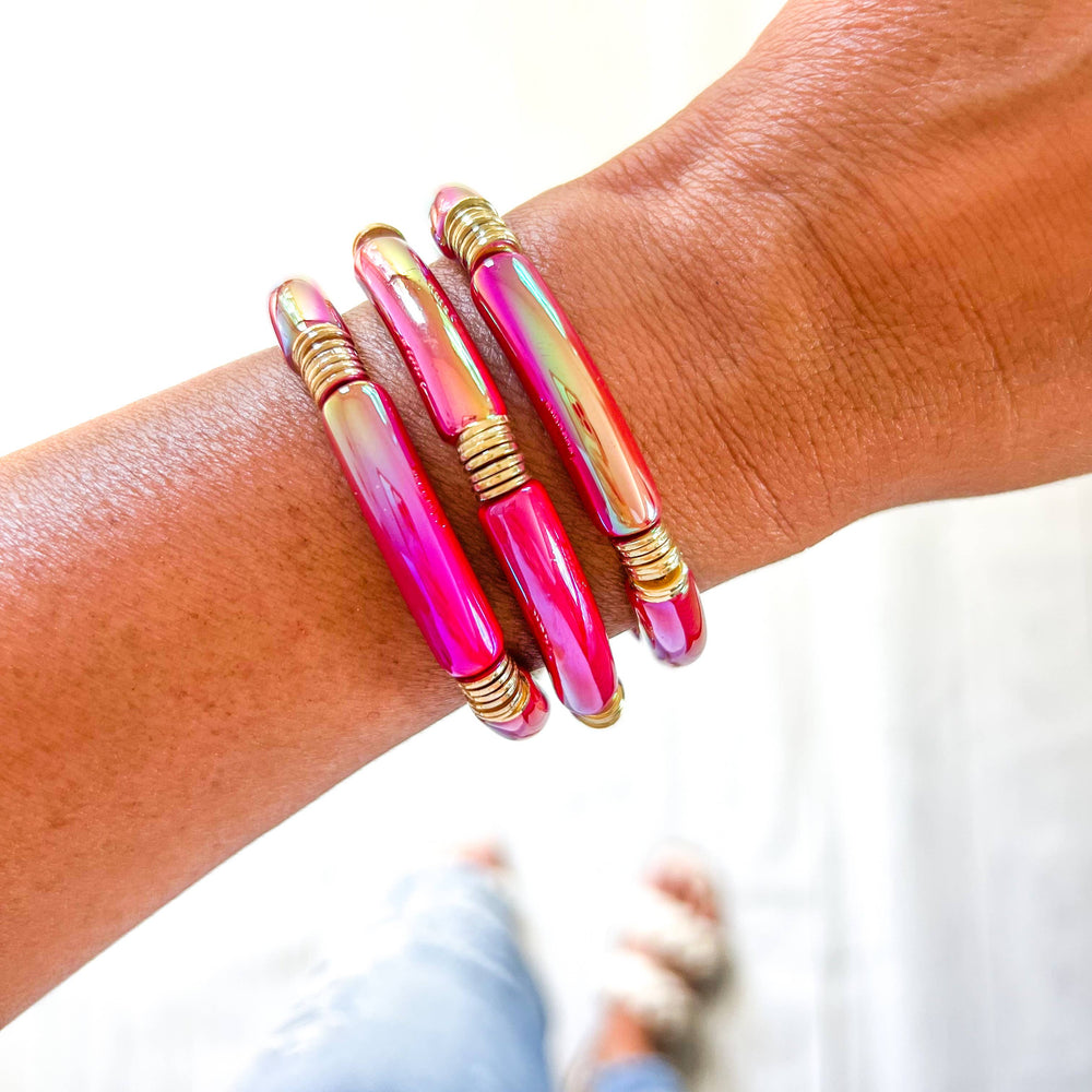 Accessories, Bracelets - Metallic # 6 Pink Red Yellow Acrylic Tube Bamboo Bracelet - Medium - Cultured Cloths Apparel