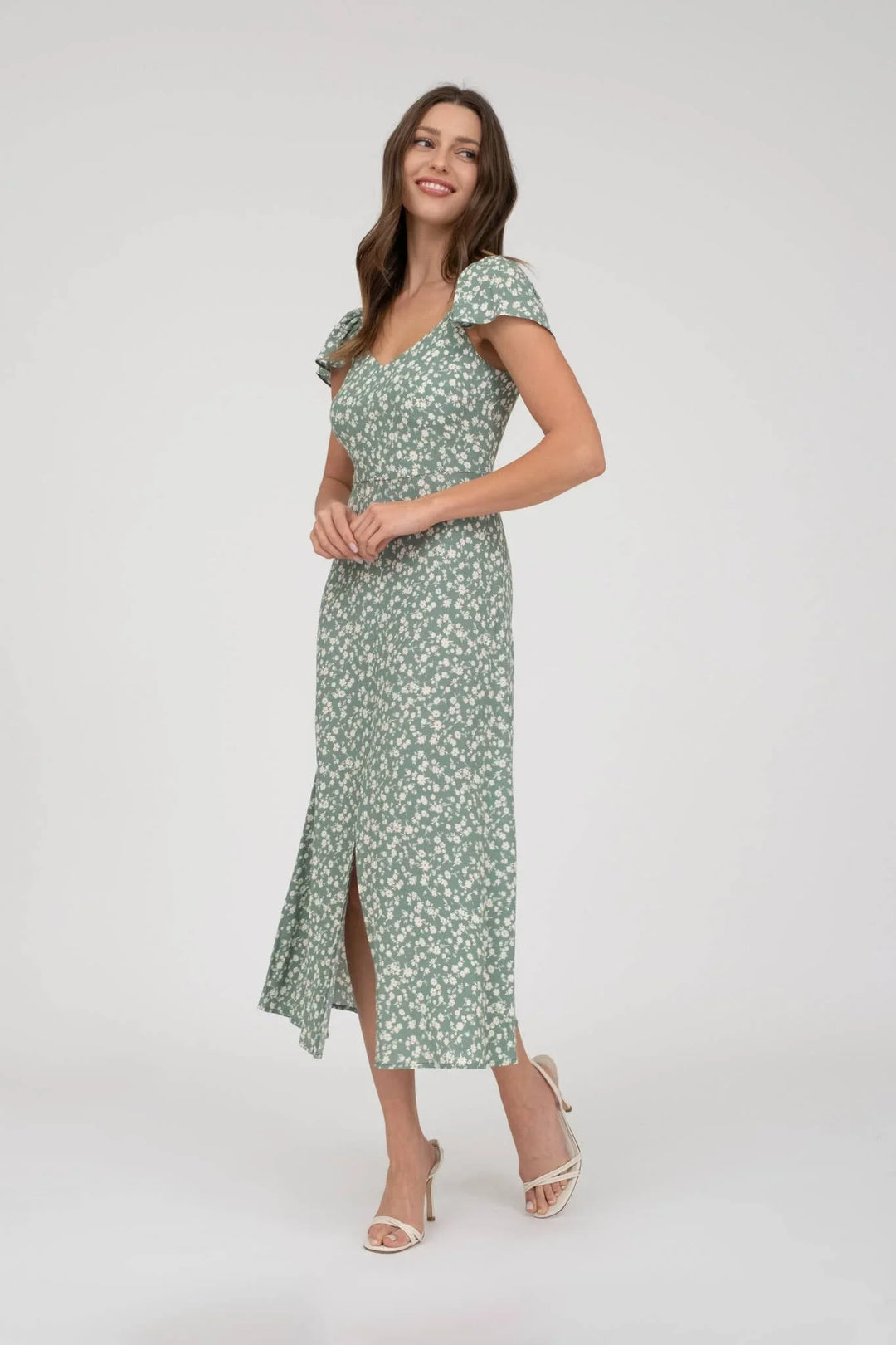 Floral Short Sleeve Front Slit Midi Dress Red / Large Floral Short Sleeve Front Slit Midi Dress Red / Large