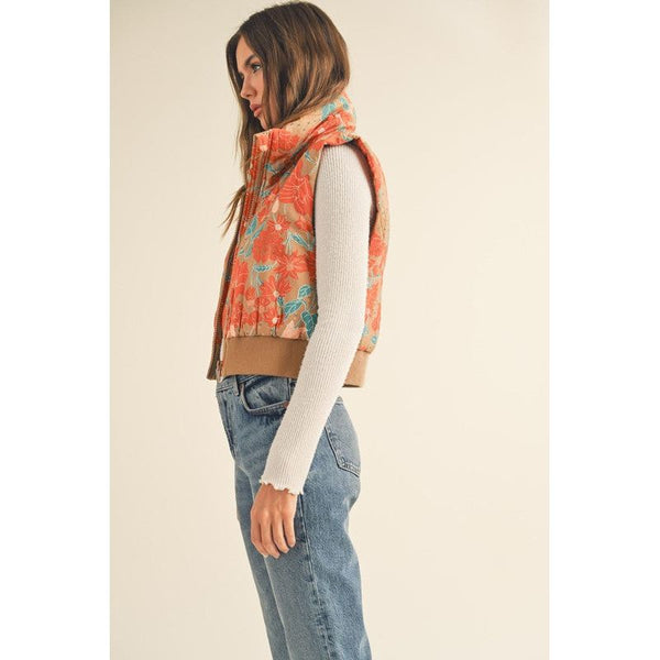 Outerwear - Floral Print Cropped Puffer Vest -  - Cultured Cloths Apparel