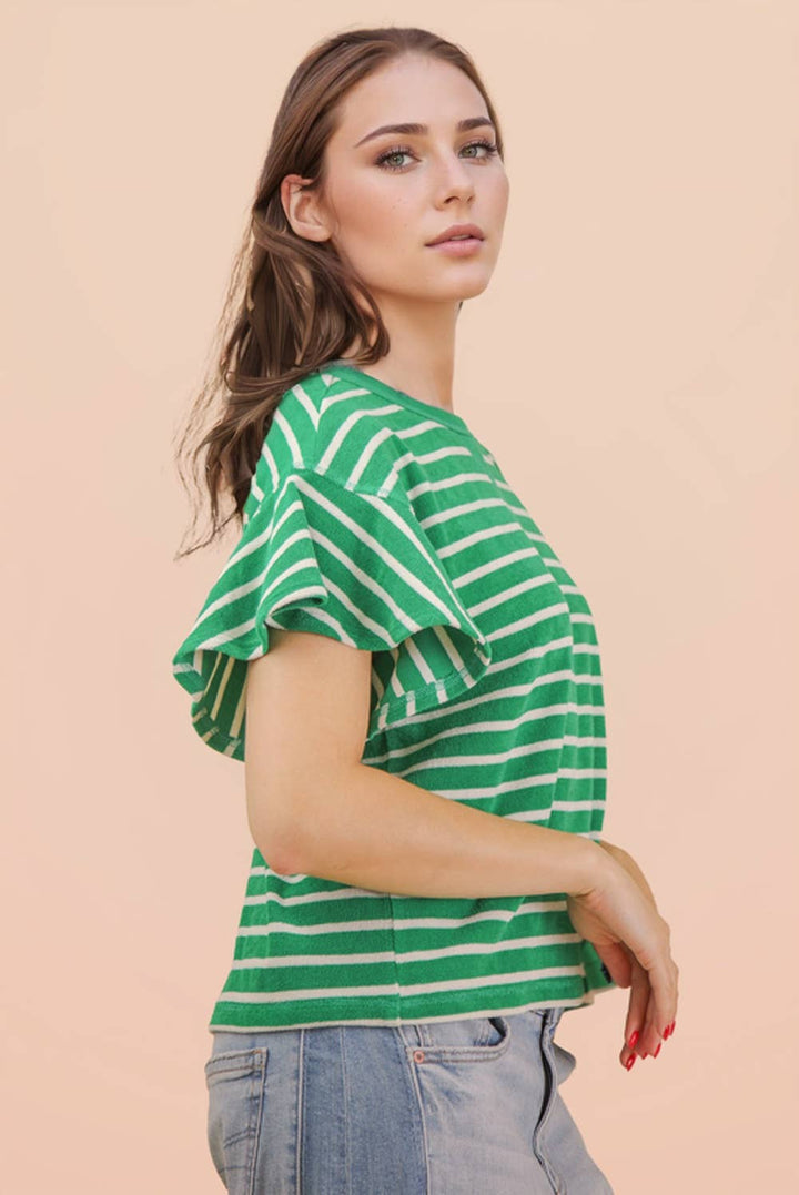 Oversized Ruffle Sleeve Casual Stripe Knit Top