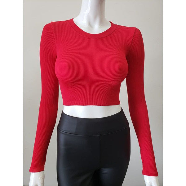 Athleisure - Ribbed Round Neck Long Sleeve Crop Top - Red - Cultured Cloths Apparel