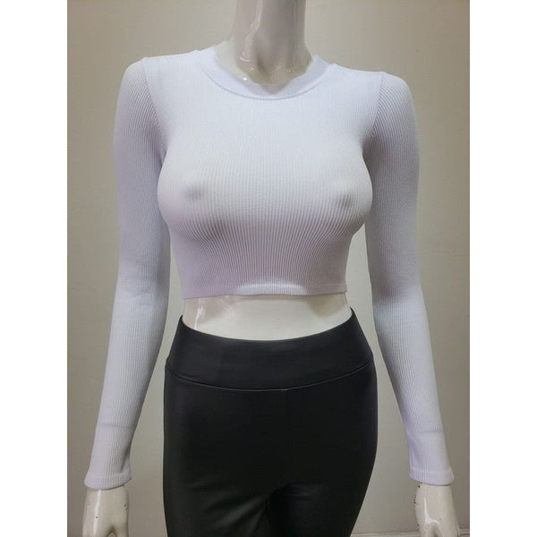 Women's Long Sleeve - Ribbed Round Neck Long Sleeve Crop Top - White - Cultured Cloths Apparel