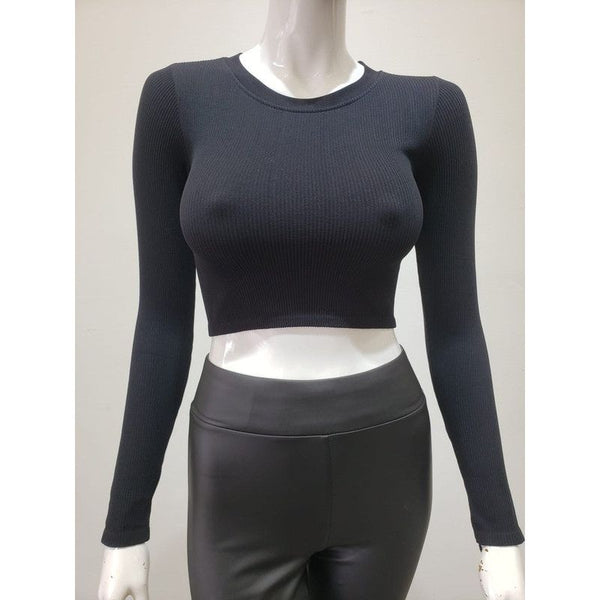 Women's Long Sleeve - Ribbed Round Neck Long Sleeve Crop Top - Black - Cultured Cloths Apparel