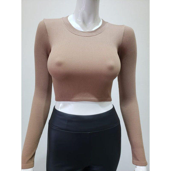 Athleisure - Ribbed Round Neck Long Sleeve Crop Top - Mocha - Cultured Cloths Apparel