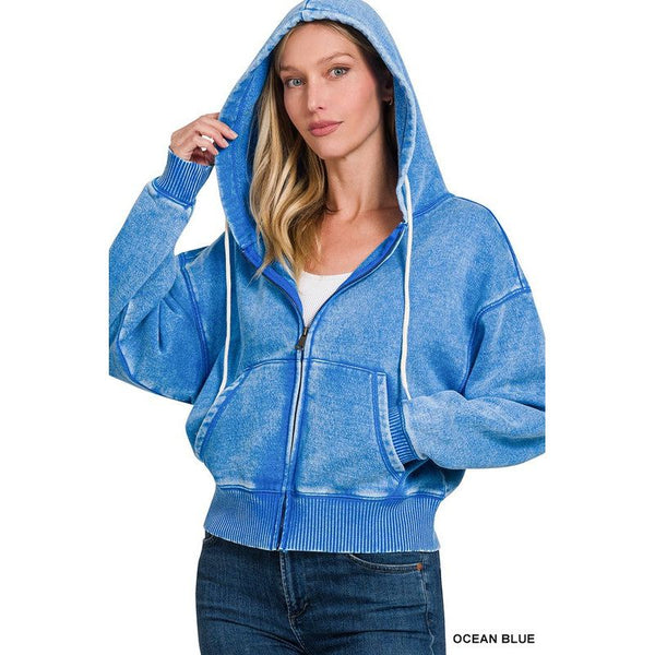 Outerwear - Acid Fleece Washed Cropped Zip Hoodie - Ocean Blue - Cultured Cloths Apparel