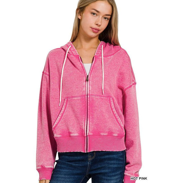 Outerwear - Acid Fleece Washed Cropped Zip Hoodie - Hot Pink - Cultured Cloths Apparel