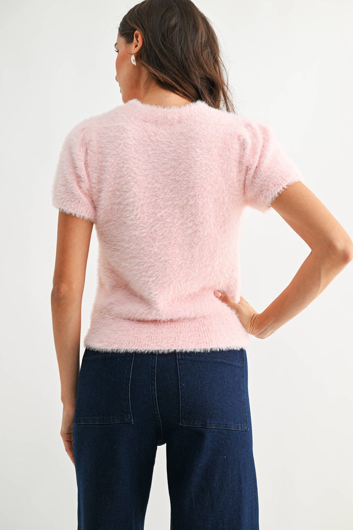 Women's Short Sleeve - Soft Pink Fuzzy Knit Short Sleeve Sweater Top - - Cultured Cloths Apparel