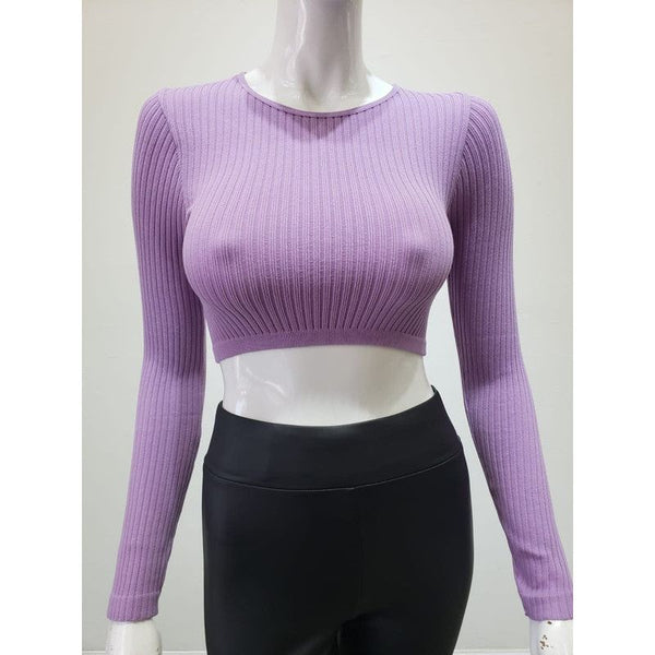 Athleisure - Ribbed Round Neck Seamless Crop Top - Lavender - Cultured Cloths Apparel