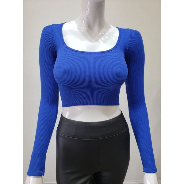 Women's Long Sleeve - Ribbed Scoop Neck Seamless Crop Top - Royal Blue - Cultured Cloths Apparel