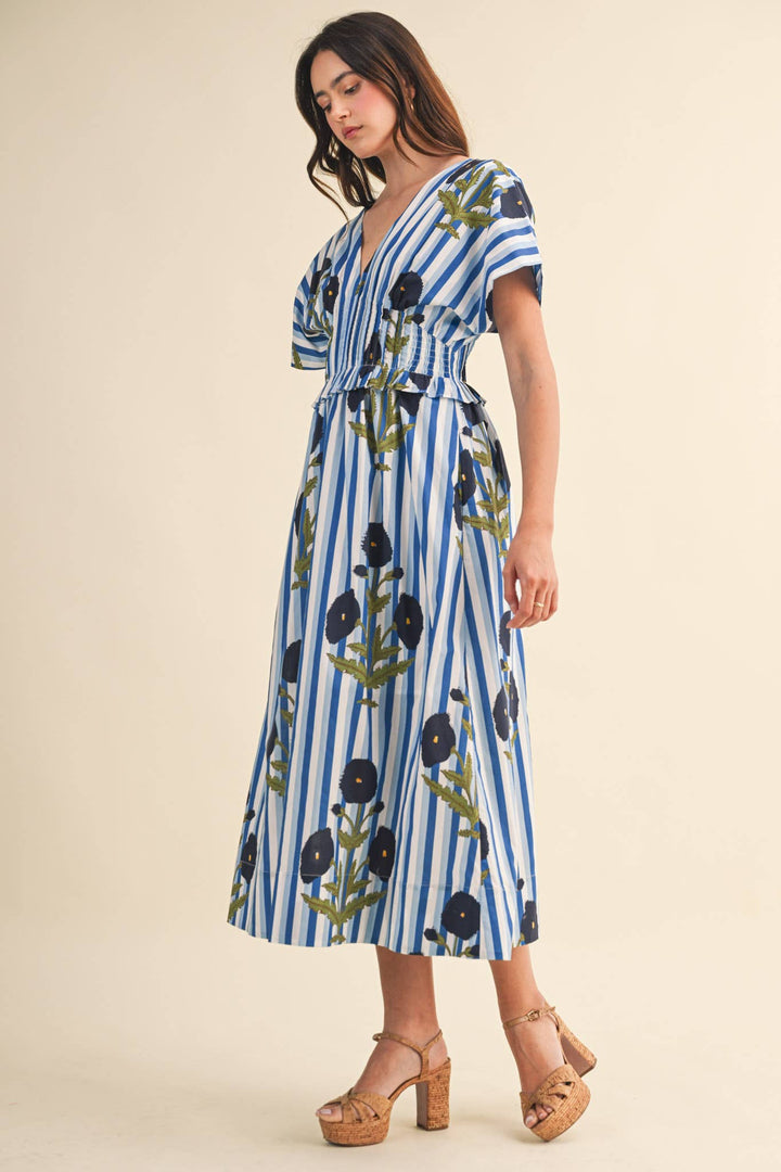 Dresses - STRIPED FLORAL PIN TUCK WAIST MIDI DRESS - - Cultured Cloths Apparel