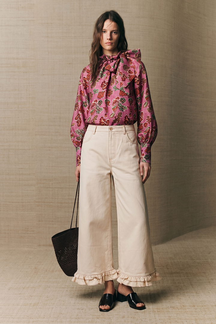 Ruffle Tie Neck Long Sleeve Print Blouse