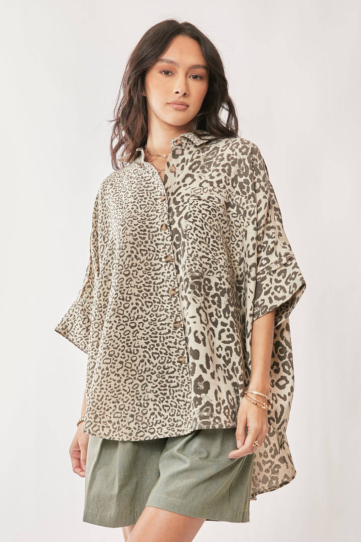 Leopard Print Oversized High-Low Button-Down Shirt
