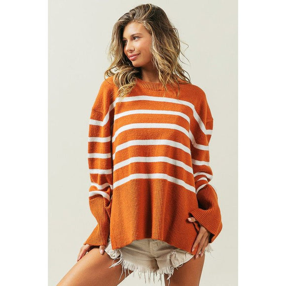 Women's Sweaters - Ribbed Hem Stripe Sweater - RUST - Cultured Cloths Apparel