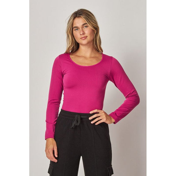 Athleisure - Fleece Lined Seamless Round Neck Long Sleeve Top - Cherise - Cultured Cloths Apparel