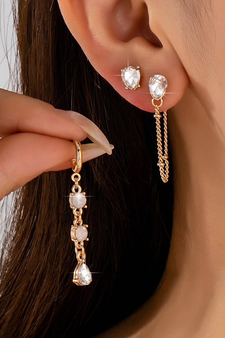 Accessories, Earrings - Crystal Stud & Linear Opal Drop Trio Earring Set | 80E62680 - - Cultured Cloths Apparel