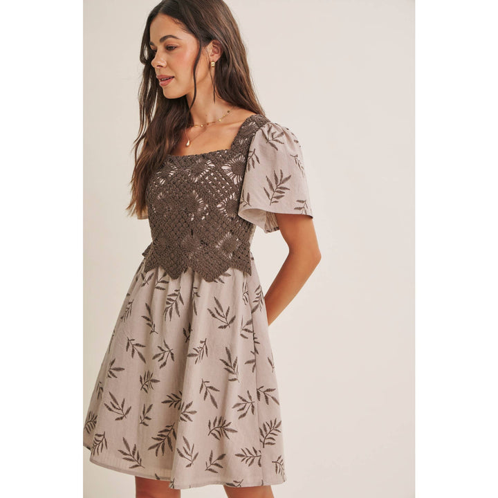 Women's Dresses - ARTISAN CROCHET FERN PRINT SMOCKED BABYDOLL MINI DRESS - - Cultured Cloths Apparel