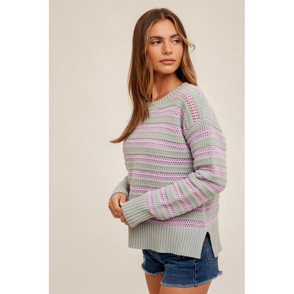 Women's Sweaters - Round Neck High Slit Sides Hole-Knit Sweater -  - Cultured Cloths Apparel