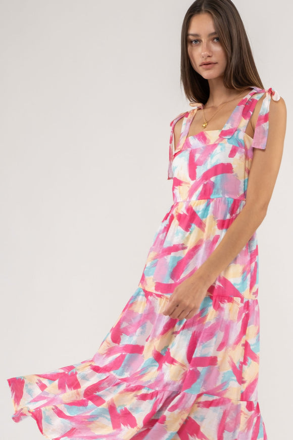 Women's Dresses - Brush Stroke Print Tiered Midi Dress - Pink - Cultured Cloths Apparel