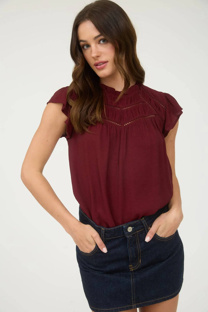 Women's Short Sleeve - LINE LACE TRIM RUFFLE DETAIL SHORT SLEEVE BLOUSE - BRICK - Cultured Cloths Apparel