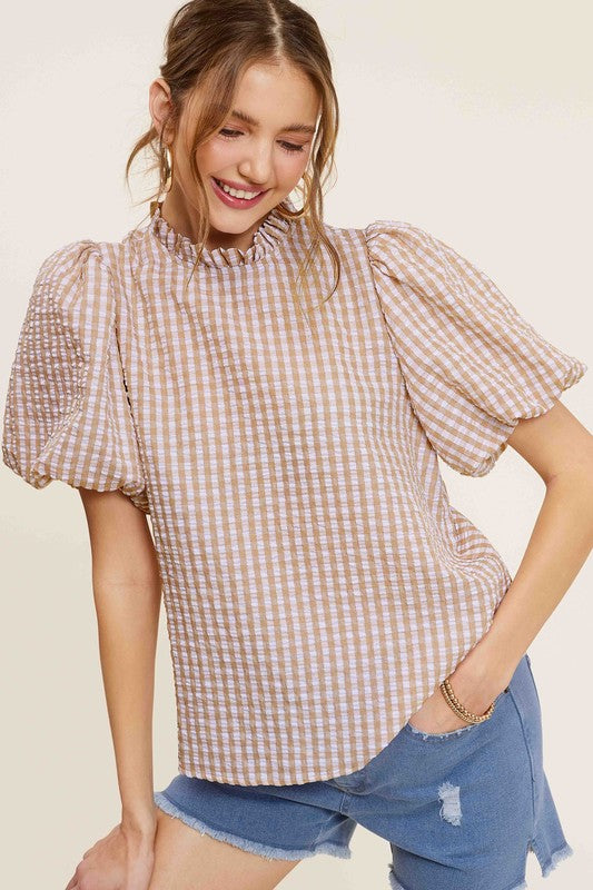  - Gingham Check Print Puff Sleeve Top -  - Cultured Cloths Apparel