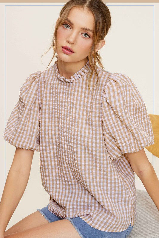  - Gingham Check Print Puff Sleeve Top - LATTE - Cultured Cloths Apparel
