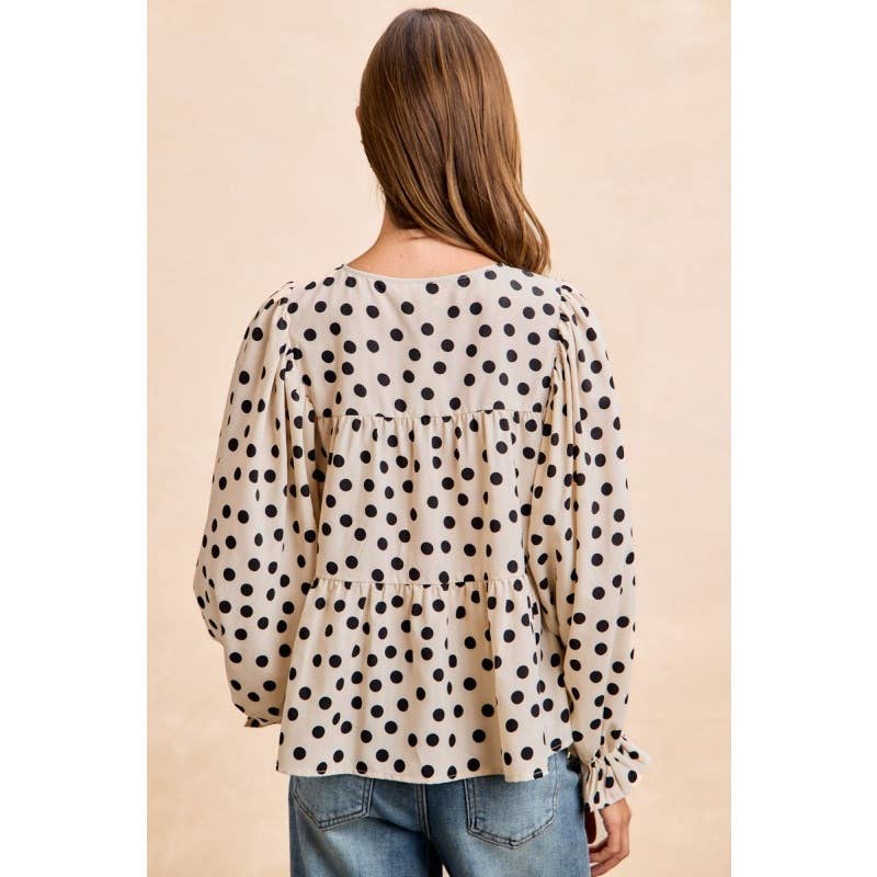 Women's Short Sleeve - Polka Dot Tiered Peplum Bow Tied Top With Shirring - - Cultured Cloths Apparel
