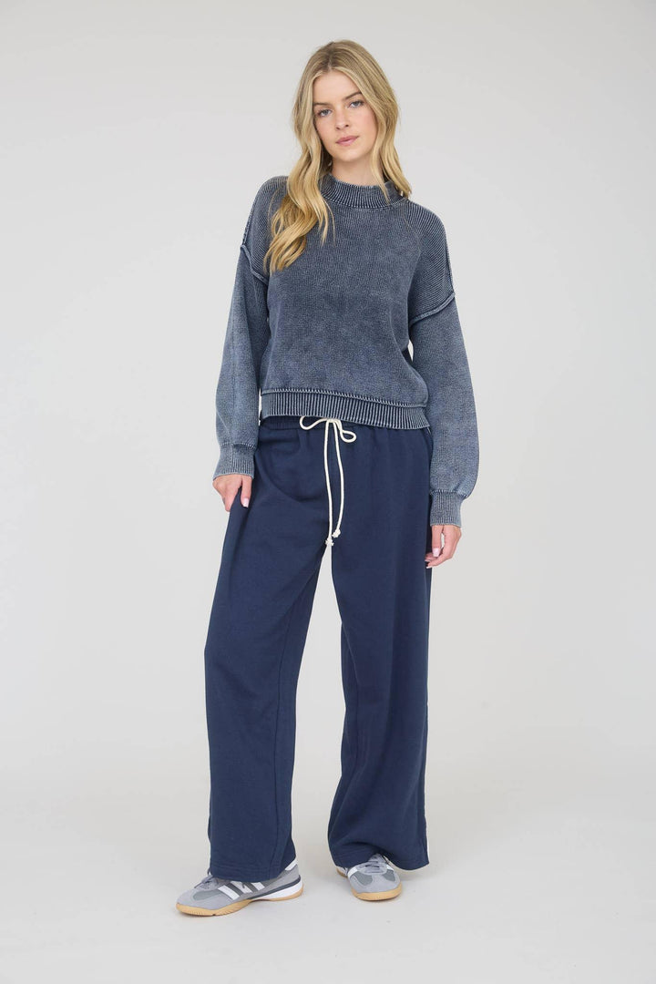 Women's Sweaters - WASHED MOCK NECK LONG SLEEVE KNIT PULLOVER SWEATER - - Cultured Cloths Apparel