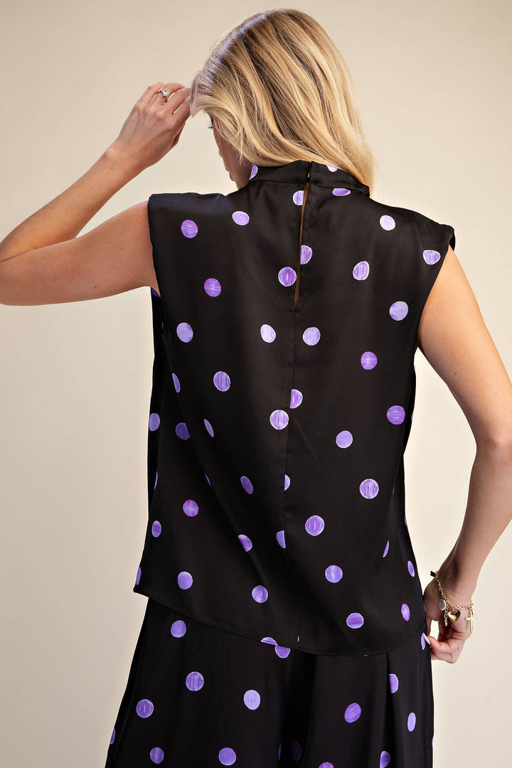 Cowl Mock Neck Pleats Shoulder Sleeveless Top Polka Dot