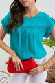 Women's Short Sleevet - Lace Trim Roll Tab Sleeve Blouse - Teal - Cultured Cloths Apparel