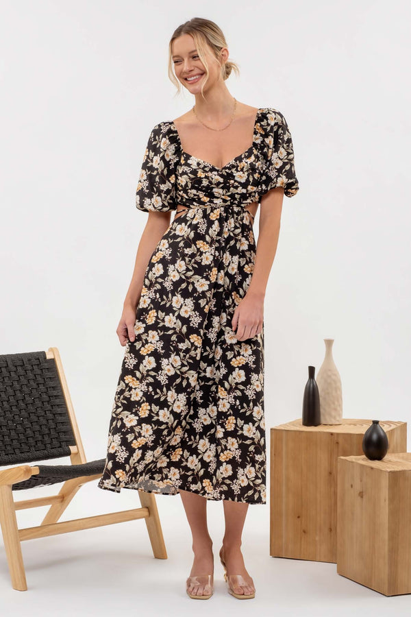 Women's Dresses - Floral Puff Sleeve Cutout Midi Dress -  - Cultured Cloths Apparel