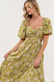 Women's Dresses - Floral Puff Sleeve Cutout Midi Dress - Kiwi - Cultured Cloths Apparel