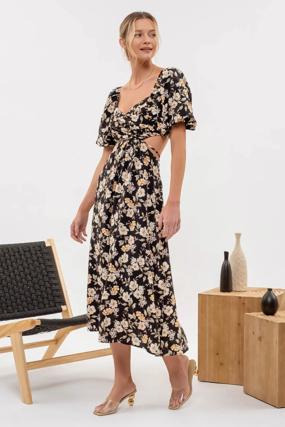 puff sleeve cut out midi dress Scoop Women's Cut Out Midi Dress with Puff Sleeves, Size XL
